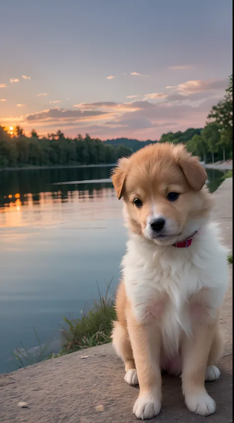 cute puppy near the lake looking at the sunset --auto --s2