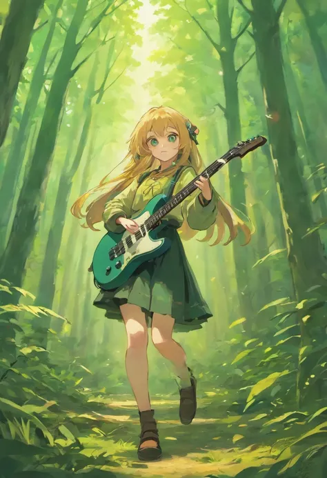 17 years old girl, The long-haired, Plain and Black, Bright eye, Wearing peasant clothes, playing guitar in a forest, Pose and axe in the face, Squeeze of joy, SNES Painting