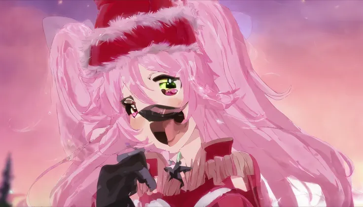 Masterpiece,1girll, serine,Pink_Hair, mitts, black_mitts, fur_Trim, Hat, santa_Costume, Christmas, Open_Mouth, Smile, bell, Solo, Red_Headwear, Pantyhose, White_Background, Pink_Eyes, santa_Hat,