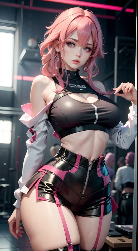 Beautiful woman，1个Giant Breast Girl，pink haired woman，Fighting posture，black pantyhoses，black glove，Sports bra，jewely，shorter pants，J thighs。Pink hair，drill bit，Asymmetrical hair，Wear gold and silver