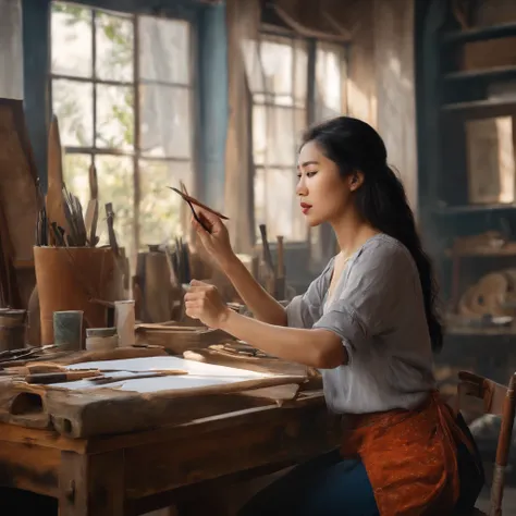 Woman artist in workshop drawing, asian girl, wide open, nice studio