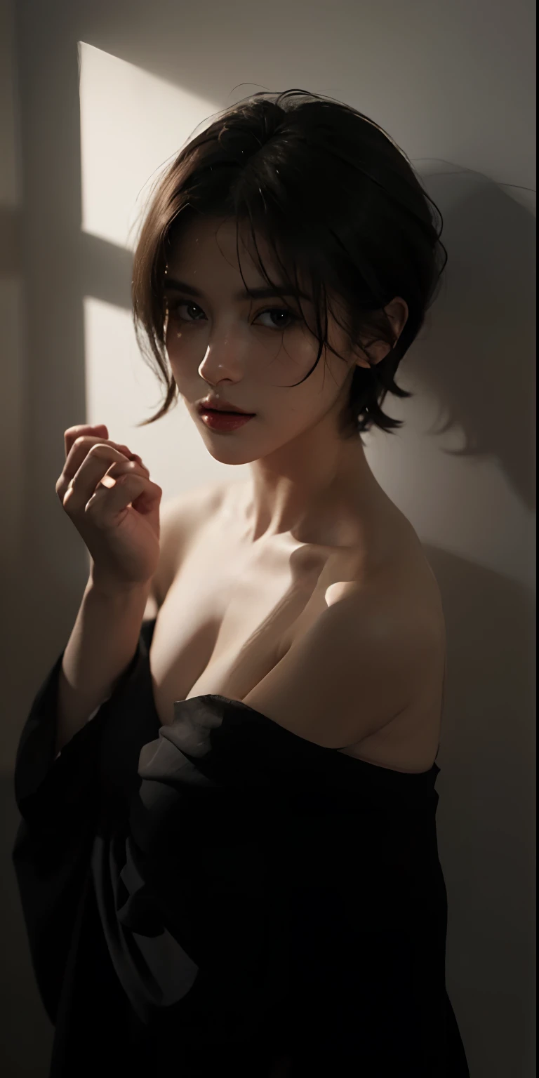 (Best Illumination, Best Shadow, very high res), (Realistic:1.5), Photo, (Sexy look:1.2), female model with off-shoulder top, (dark ambiance:1.3), deepshadow, cold color temperature, (Short hair:1.2),barechested