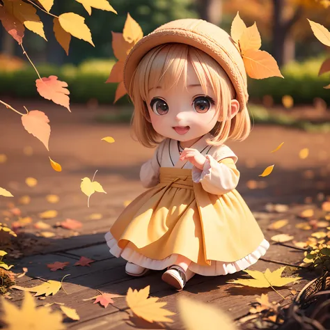 Cute Baby Chibi Anime、(((chibi3d))) (best quality), (masterpiece)、Taisho Roman、Colored leaves、Royal Botanic Gardens in Autumn、specimen、Open your mouth and smile、