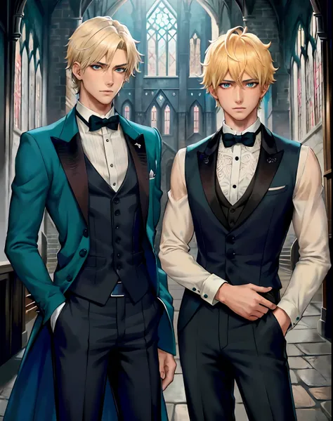 1boy, (man), manly body, anime, extremely detailed, hyper detailed, (broad shoulders), (PERFECT FACE), illustration, soft lighting, 2d, intricate, cowboy shot, detailed eyes, blonde hair, short hair, teal eyes, sexy, toned, black tuxedo, (outside), castle ...