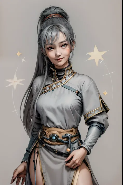 masterpiece, best quality, tarot card, star, 1adult women, defaultLyn, gray hair, gray slit eyes, gray dress, pelvic curtain, sash, (((portrait))), upper body, looking at viewer, stream, plains, kind smile, serene expression