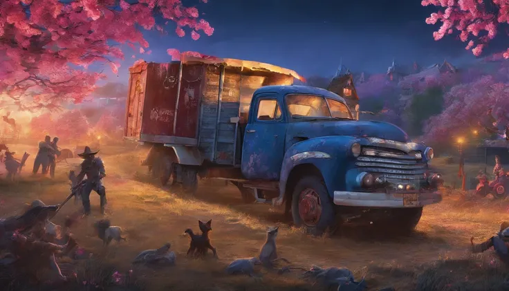 (Masterpiece), (Best quality), (Ultra-detailed), Sakura zombies, 1girll, zombie, Blue skin, Cowboy shot, Outdoors, (trucks:1.3), Night