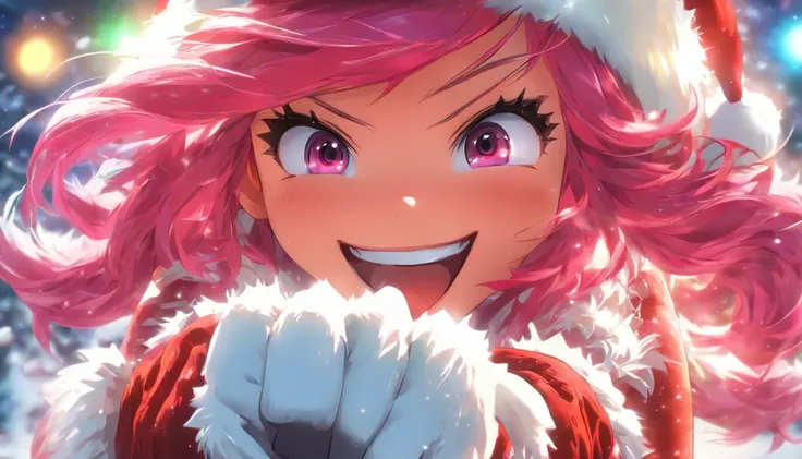 Masterpiece,1girll, serine,Pink_Hair, mitts, black_mitts, fur_Trim, Hat, santa_Costume, Christmas, Open_Mouth, Smile, bell, Solo, Red_Headwear, Pantyhose, White_Background, Pink_Eyes, santa_Hat,