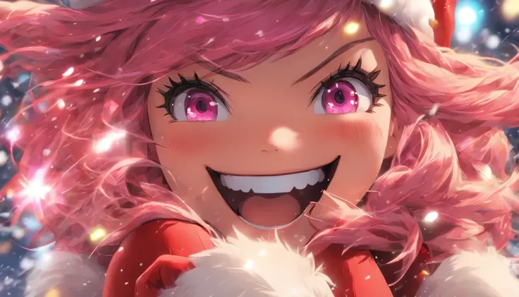 Masterpiece,1girll, serine,Pink_Hair, mitts, black_mitts, fur_Trim, Hat, santa_Costume, Christmas, Open_Mouth, Smile, bell, Solo, Red_Headwear, Pantyhose, White_Background, Pink_Eyes, santa_Hat,