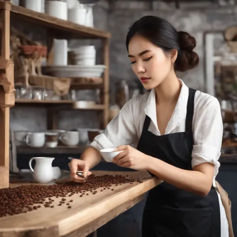 Woman artist in workshop drawing, asian girl, wide open, coffee shop, photoristic, young woman, wear apron