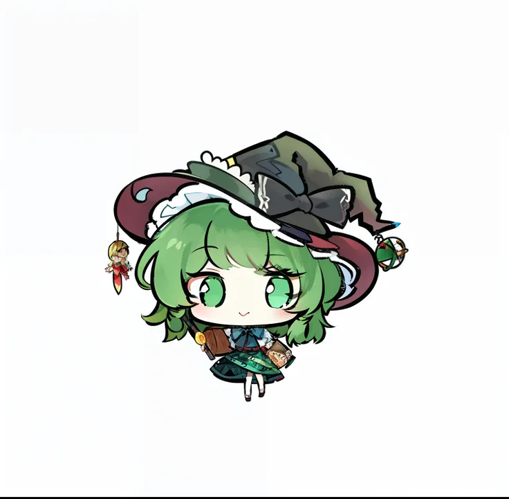 Caricature of a girl in a hat and a green dress, the witch, touhou character, from touhou, tatsumaki, mechanized witch girl, chibi monster girl, Touhou, portrait of a young witch girl, touhou project, witch, shirabii, tchibi, A witch, sorceress woman, alch...