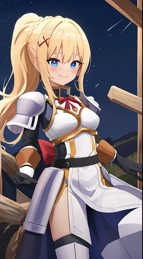 top-quality、Hi-Res、1girl in、length hair、blonde  hair、X Hair Ornament、s Armor、blue eyess、poneyTail、hair adornments、gloves、armor on the shoulders、Braids、Black Gloves、pauldron、white  boots、The Darkness(Konosuba)、cowboy  shot、borgar、plein air、(agitation:1.2)、r...