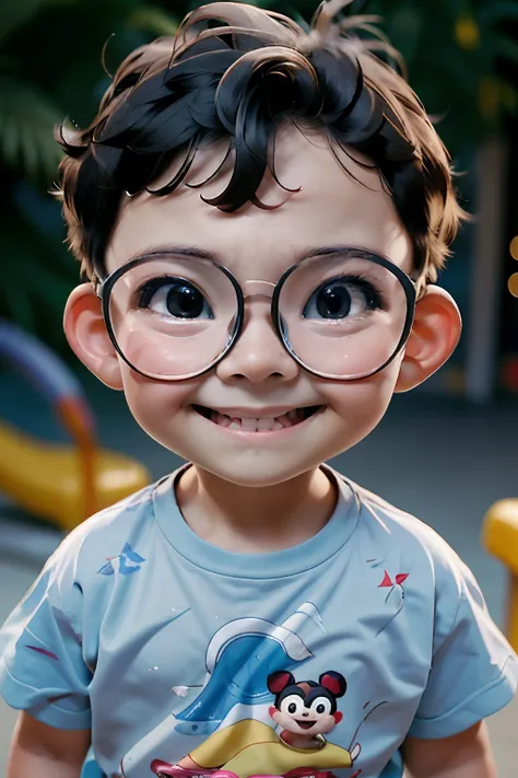 capture the charm of a 3-year-old boy wearing glasses, his face glowing with a thrilling smile as he looks directly into the cam...