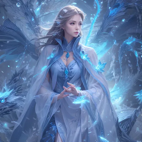 There was a woman in a blue dress，Wings on the head, closeup fantasy with water magic, ice sorceress, detailed fantasy digital art, Fantasy art style, beautiful fantasy art, digital fantasy art ), Fantasy art Behance, xianxia fantasy, Epic fantasy digital ...