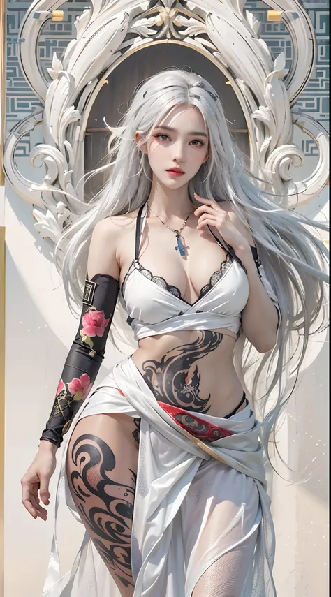 photorealistic, high resolution, 1women, solo, hips up, look at viewer, (detailed face), white hair, long hair, medium breasts, tattoo, taoist