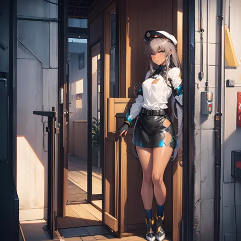 {an older anime girl with dark brown skin color},  white hair, wearing dark blue full retro military uniform also wearing military hat, cool tomboy, {inside a very dimly lit bar at midnight night}, badass anime 8 k, female dark sci fi anime girl, digital s...