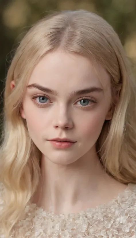 (best quality,photorealistic),portrait,upperbody,blonde long hair,bangs hair,beautiful detailed eyes,beautiful detailed lips,looking at viewer,looking at camera,straight on,close up,elle fanning,soft lighting,vivid colors, round face