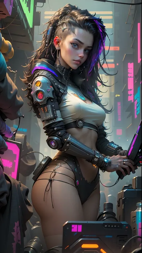 ((Best quality)), ((masterpiece)), (highly detailed:1.3), 3D, beautiful (cyberpunk:1.3) hacker woman with thick voluminous hair operating a computer terminal