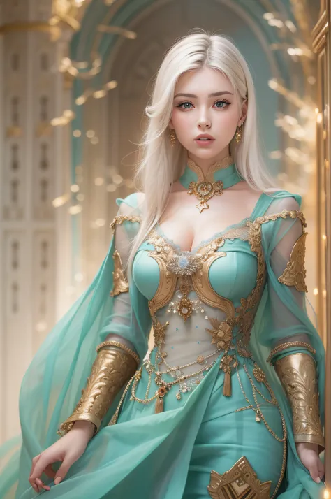 A woman of beauty in a fantastic space, Tight micro, deep cut, dress ice blue and gold color, 98k, {{Masterpiece}}, Best Quality, High Quality:1.4), {{[[FRONT LOOK}}, eye_contact, Various poses)]], very pretty look face, and very pretty eyes, cute images, ...