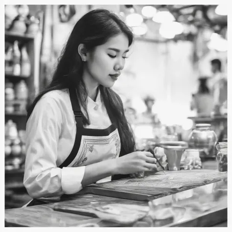 Woman artist in workshop drawing, asian girl, macro shot, coffee shop, photoristic, young woman, wear apron