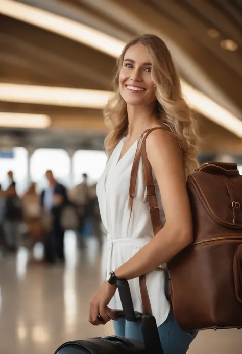 model standing at the entrance of a bustling airport terminal. Shes radiating confidence and style, wearing a chic travel outfit - a white oversized blouse tied at the waist, high-waisted jeans, and pristine white sneakers. Her hair is perfectly tousled, a...