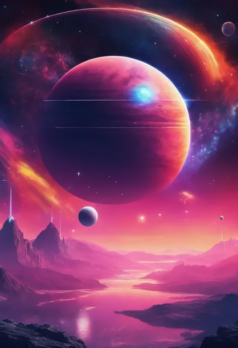 Fantasy landscapes on a foreign planet, Bright rainbow and planets with rings in the sky