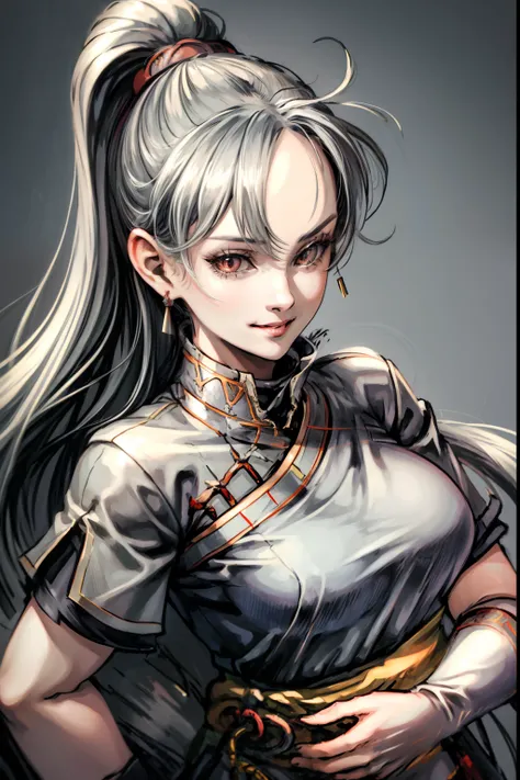 masterpiece, best quality,1adult women, defaultLyn, gray hair, gray slit eyes, gray dress, pelvic curtain, sash, (((portrait))), upper body, looking at viewer, stream, plains, kind smile, serene expression