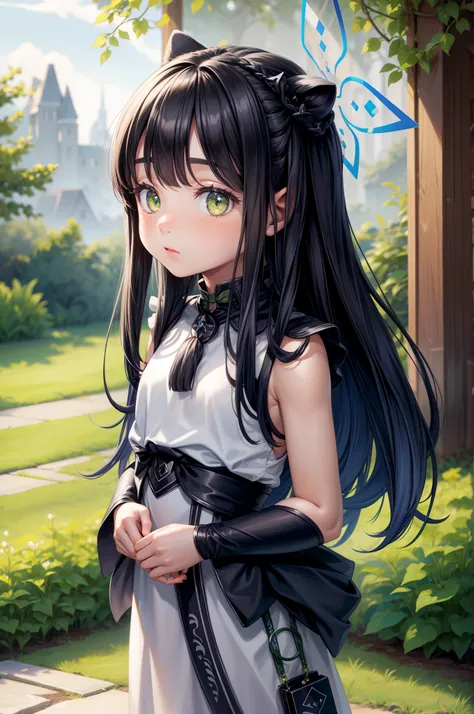 cute little girl, best quality, wearing fantasy clothes, black hair, theres halo on head, masterpiece