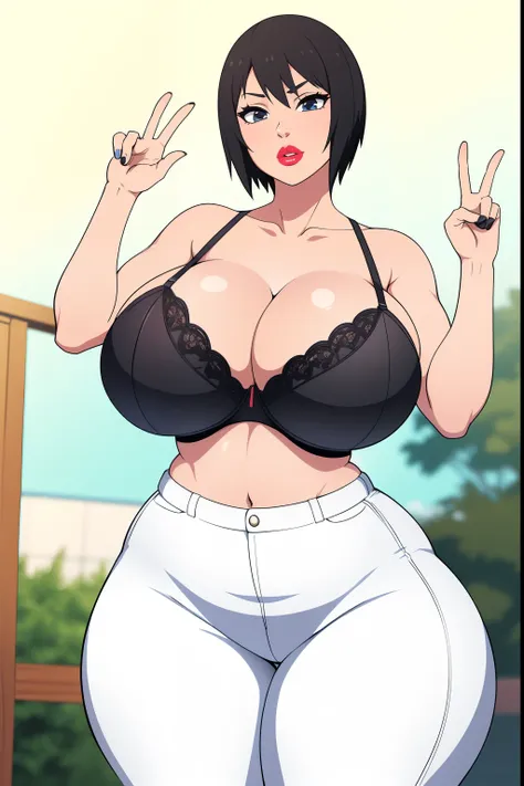 shizune, 1girl, ((bimbo))), short black hair, puffy lips, painted lips, thick lips, wide hips, thick thighs, huge ass, bimbo fac...