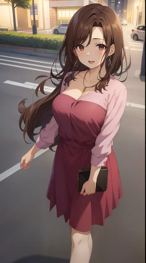 best quality, (masterpiece:1.2), highly detailed, outdoors, city, street, night, standing,
1girl, solo, gotou airi, one mole under eye,
looking at the viewer, large breasts, slight smile, open mouth, mature female,
brown eyes, brown hair, long hair, neckla...