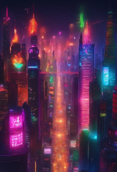 Brilliant fireworks in the night sky，A bustling cybercity，Huge colorful high-tech fireworks cover the night sky，Dragon totem shaped dazzling，A stunning visual spectacle，rainbow，birds eyes view