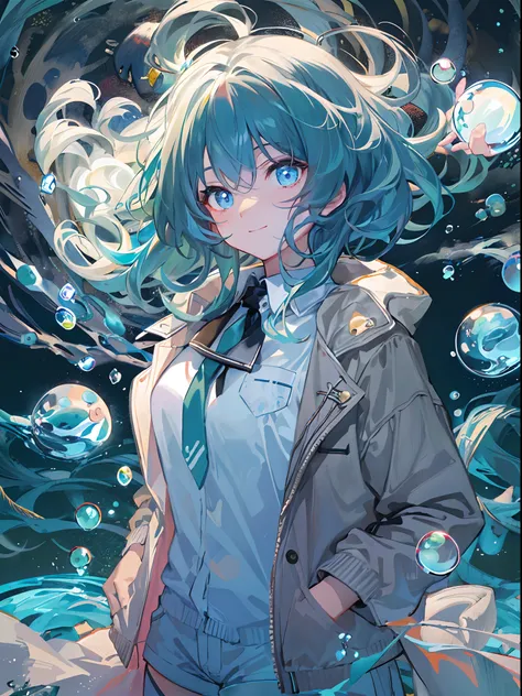 ((top-quality)), ((​masterpiece)), ((ultra-detailliert)), (extremely delicate and beautiful), girl with, 独奏, cold attitude,((Black jacket)),She is very(relax)with  the(Settled down)Looks,A dark-haired, depth of fields,evil smile,Bubble, under the water, Ai...