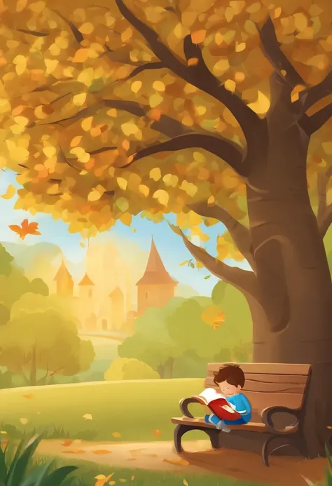 Cartoon style child sitting on a bench under a tree , various colorful books, The child has a radiant smile on his face as he plunges into the magical pages of an enchanting story. The sun shines softly through the leaves of the tree, criando um ambiente a...