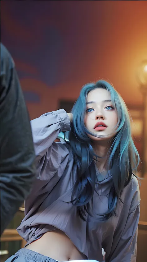 (photorealistic:1.4), best quality, masterpiece, ultra high res, 1girl, (detailed face:1.2), (detailed eyes:1.2), (detailed hair:1.2), (detailed clothes:1.2), 4k, (detailed color:1.2), perfect finger, (blue hair:1.2, (light blue eyes:1.2),