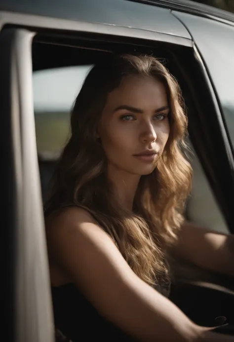 Girl in car standing and leaning towards the viewer, cara bonita, cabelo cortado, Pedacinhos, peito grande, amazing body, pronounced female feature, primeiro plano, pele oleosa, Decote profundo, Vestido apertado verde escuro, topless, sexy, Peitos grandes,...