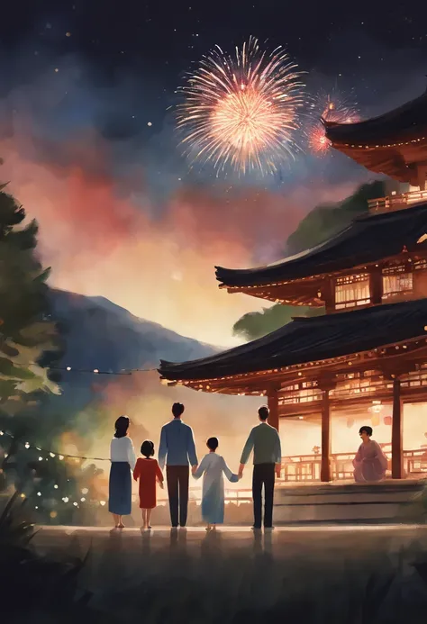 A modern watercolor painting of a family watching a fireworks festival in yukata. The scene is festive and cheerful, with bright colors and sparkles in the sky. The family is smiling and holding hands, enjoying the spectacle and the summer night. The backg...