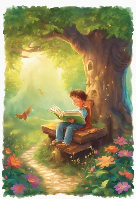 Cartoon style child sitting on a bench under a tree , various colorful books, The child has a radiant smile on his face as he plunges into the magical pages of an enchanting story. The sun shines softly through the leaves of the tree, criando um ambiente a...