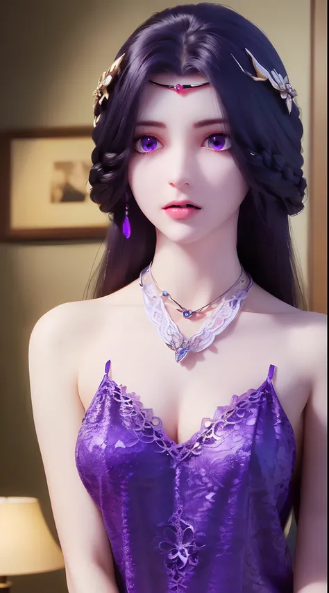 A beautiful sexy 20 year old girl, ((wearing a small camisole that covers her big breasts:1.8)), Extremely voluptuous girl in a small camisole, long hair and purple bangs, most beautiful and detailed hair jewelry, ((wearing a light purple lace necklace:1.6...