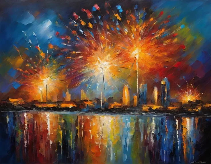 Huge colorful  fireworks cover the night sky，A stunning visual spectacle，