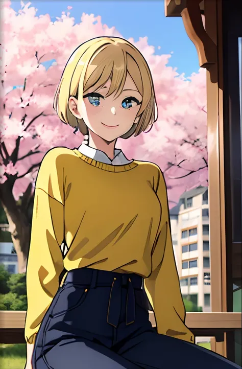 1girl, solo, sitting in front of the viewer, outside, cherry blossom leaves flowing in the air, masterpiece, yellow sweater with pants, professional artwork, famous artwork, perfect face, blonde hair, (glowing blue eyes:1), beautiful face, closed smile, ((...