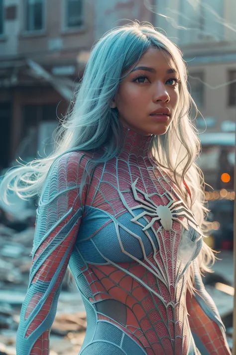 Zendaya in detailed (transparent 80%) ice blue (transparent 80% Spider-Man costume), large breasts, superhero pose, standing in a ruined city at sunset, hyperdetailed, smoke, sparks, sunbeams, (8k), realistic, symmetrical, award-winning, cinematic lightnin...