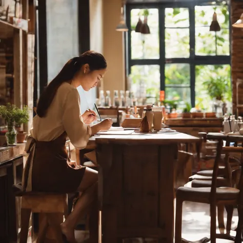 Young womans drawing togerther at a drawing workshop in coffee shop, asian girl, wide open, coffee shop, photoristic, realistic, young woman, wear brown apron, brush, blank canvas, drawing standee, canon 5d mark 3, 50mm lens