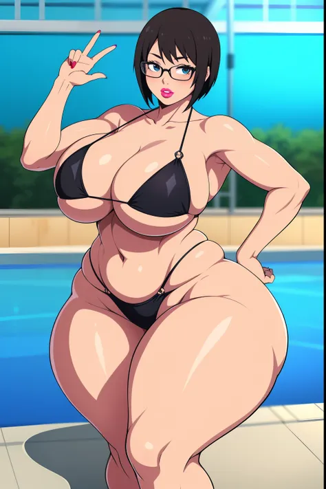 shizune, 1girl, ((bimbo))), short black hair, glasses, puffy lips, painted lips, thick lips, wide hips, thick thighs, huge ass, ...