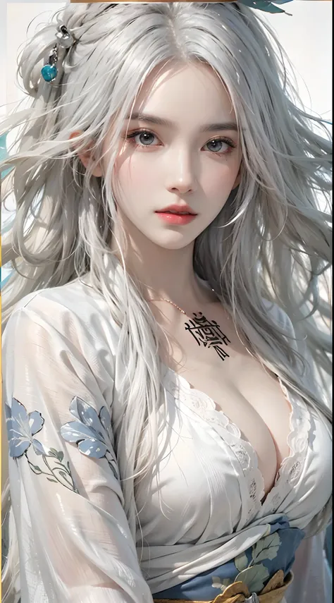 photorealistic, high resolution, 1women, solo, full body, look at viewer, (detailed face), white hair, long hair, medium breasts, tattoo, taoist