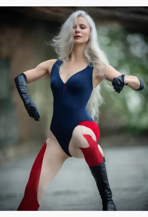 (((Long silver hair)))、((Navy blue knee-high boots))、((Long navy blue gloves))、(((Black Leotard)))、(((Blue eyes)))、(((red blush)))、(((I have my mouth wide open)))、(((Teary face)))、(((Wink)))、((cyberpunked))、((((Red Domino Mask))))、(((prison)))、(((Only one ...