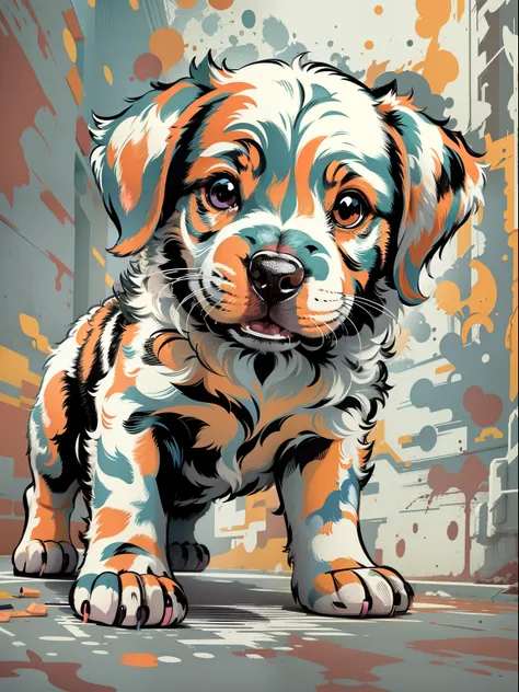 vector, Printable colorful graffiti, Puppy illustration, action SHOT, high detailing, white backgrounid