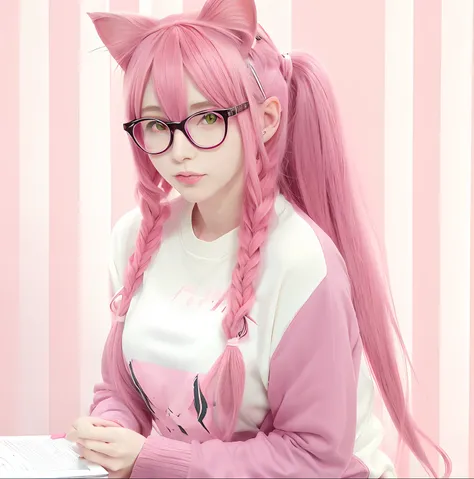 anime girl with pink hair and glasses sitting on a pink background, anime catgirl, cute anime catgirl, beautiful anime catgirl, attractive cat girl, catgirl, very beautiful cute catgirl, very beautiful anime cat girl, anime cat, nekomimi, cat girl, beautif...