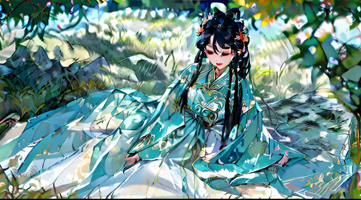 An ancient Chinese beauty lying on a tree trunk, wearing flowing tulle in ancient Chinese dress, summer, wicker swaying, ink painting style, ancient Chinese artist Qiu Ying style, blank space, freehand, green and blue colors, masterpiece, highest quality, ...