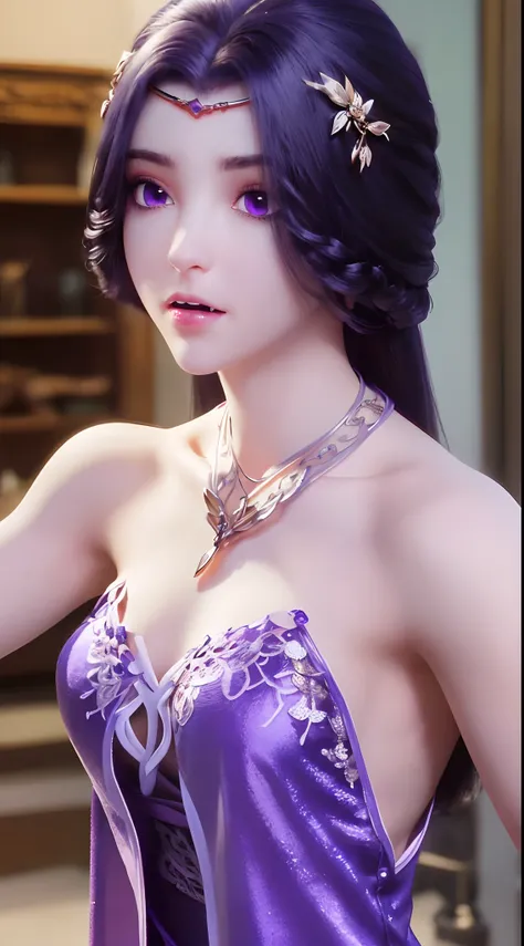 A beautiful sexy 20 year old girl, ((wearing a silk camisole and a very thin and sexy antique dress:1.8)), Extremely voluptuous girl in a small camisole, long hair and purple bangs, most beautiful and detailed hair jewelry, ((wearing a light purple lace ne...