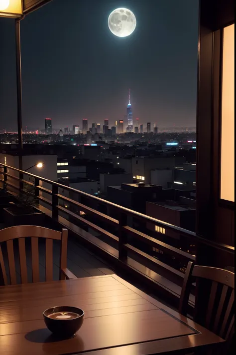 Shinjuku seen from the veranda、Kabukicho、Moon Night、garden、A cup of coffee lit by a candle