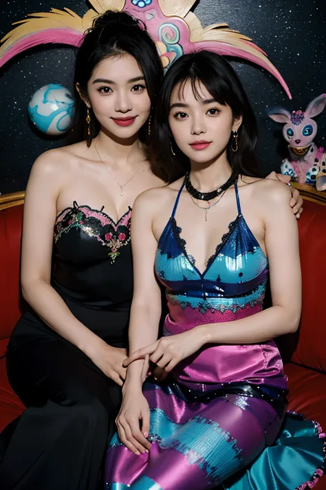 Smiling,Face focus,(alebrijes art style),fantastical world,fantasy,a couple of lesbians sitting together looking at the stars,lewd,leering:1.3,Masterpiece, Best quality, intricately details, absurderes,,(ulzzang-6500-v1.1,pureeroface_v1,octane rendering)